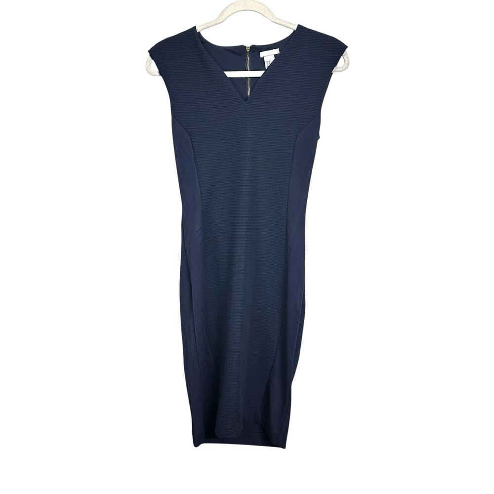 H&M Womens Sz S Dark Navy Blue Ribbed Knee Length Sheath Dress Cap Sleeves